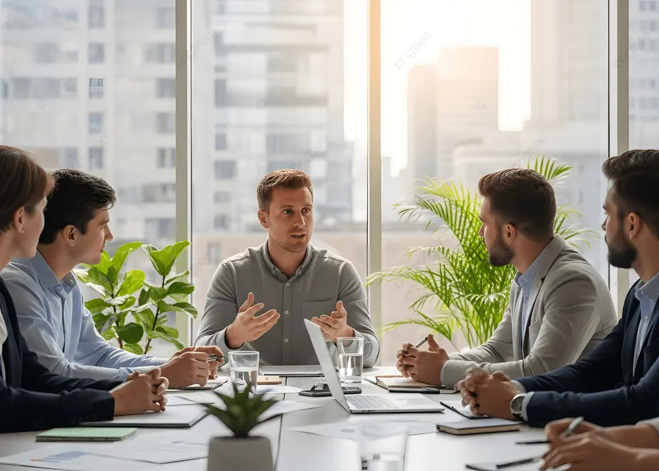 Diverse business team collaborating in a modern office with natural light